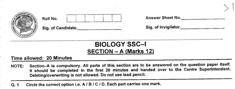 Biology MCQs for Class 9 with Answers PDF | Past Papers MCQs
