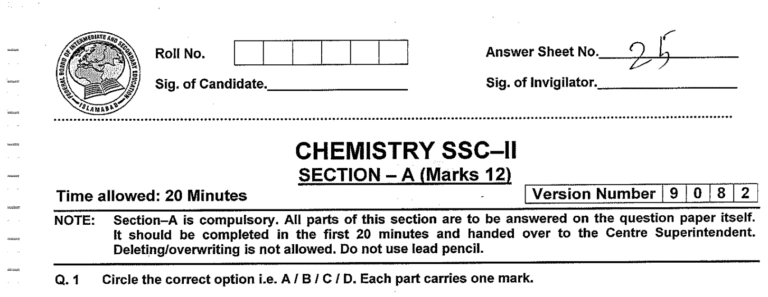 Chemistry MCQs for Class 10 with Answers PDF | Past Papers MCQs
