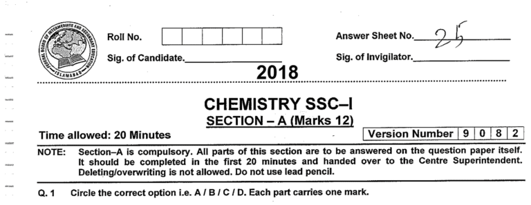 Chemistry 9 Solved Paper 2018 Federal Board