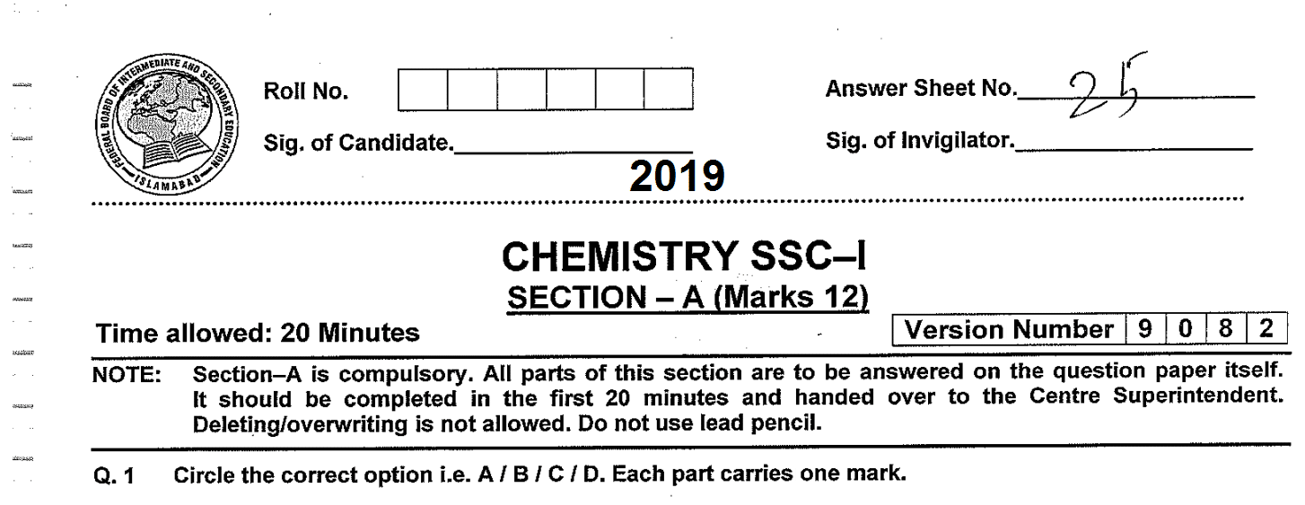Chemistry 9 Solved Paper 2019