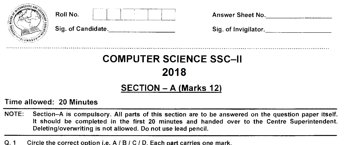 Computer Science 10 FBISE Past Paper 2018