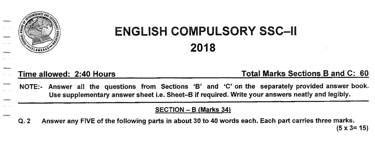 English 10 FBISE Past Paper 2018 - FBISE Solved Past Papers