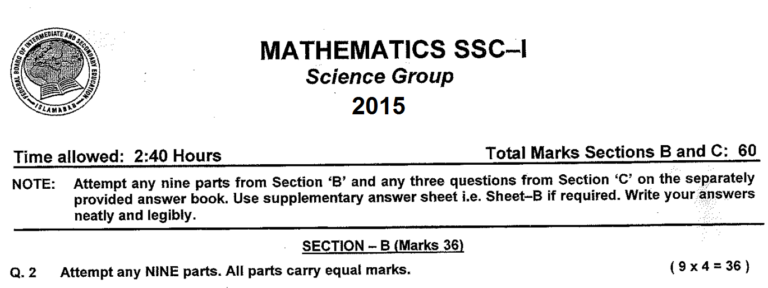 Mathematics 9 FBISE Past Paper 2015