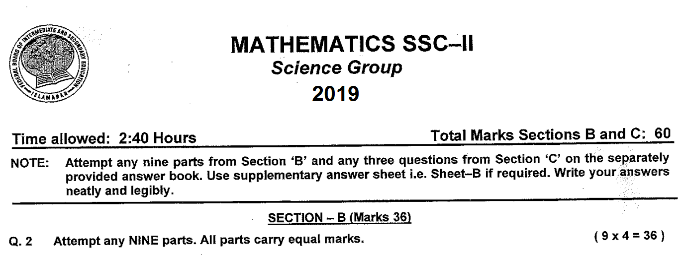 Maths 10 Solved Paper 2019