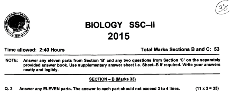 Biology 10 FBISE Past Paper 2015