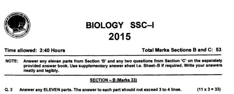 Biology 9 FBISE Past Paper 2015