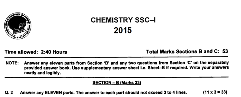 Chemistry 9 FBISE Past Paper 2015