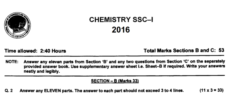 Chemistry 9 FBISE Past Paper 2016