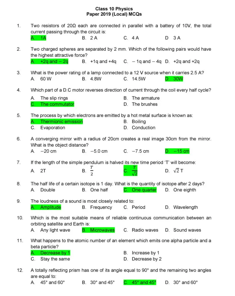 Class 10 Physics 2019 - MCQs